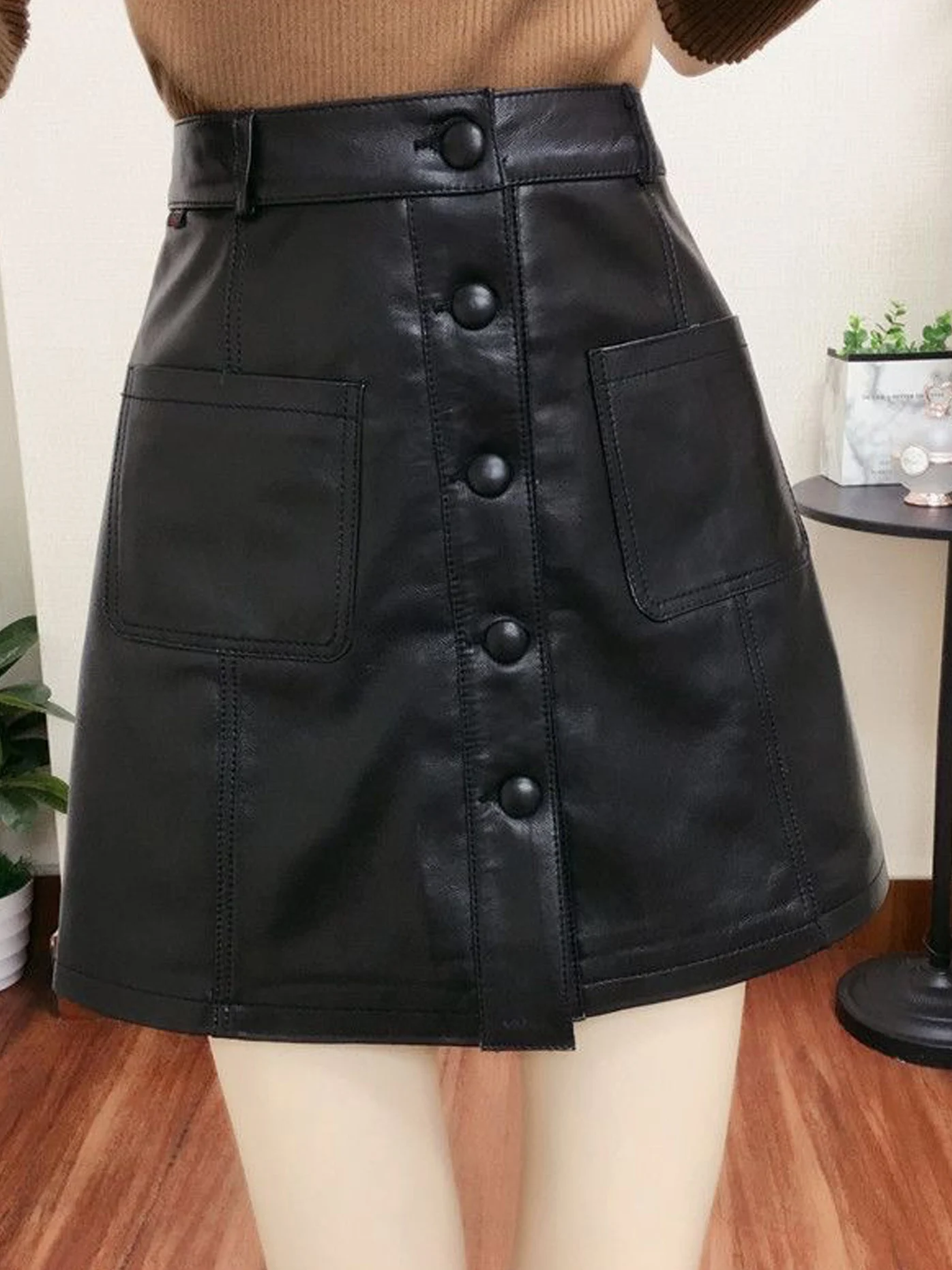 High Waist A-Line  Skirt Women's Casual PU Leather Half-length Skirts Trendy Anti-glare Autumn New Style Fashionable