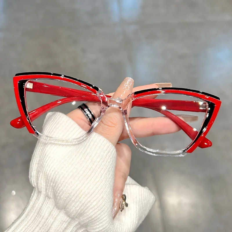 Cat Eye Clear Lens Glasses Retro Color Block Fashion Decorative Glasses Computer Spectacles For Women