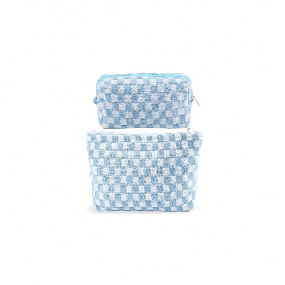 

2Pcs Checkered Makeup Bag For Women Large Small Checkered Cosmetic Bag Set Aesthetic Preppy Pencil Case Cute Pencil Pouch Blue