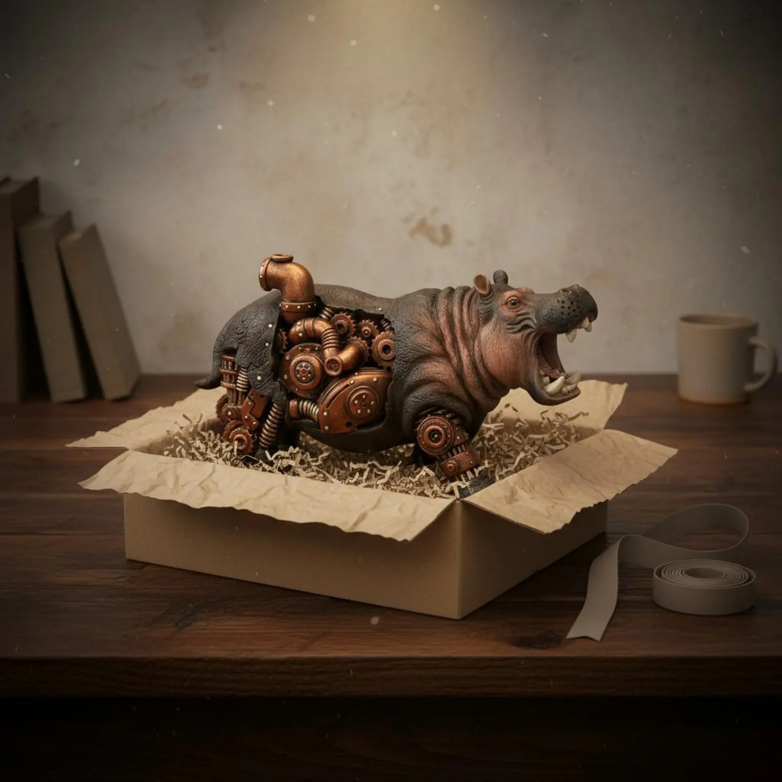 Mechanical Rhino Figurine Metal-Like Finish Steampunk Rhino Statue Industrial Design Creature Model 3D Carved Texture Home Decor