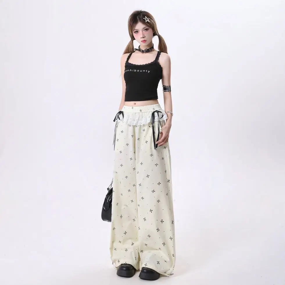 Damskie spodnie z kokardką ze słodką koronką koreańskie Retro Casual modne spodnie patchworkowy wzór letni luźny elastyczny pas prosta nogawka
