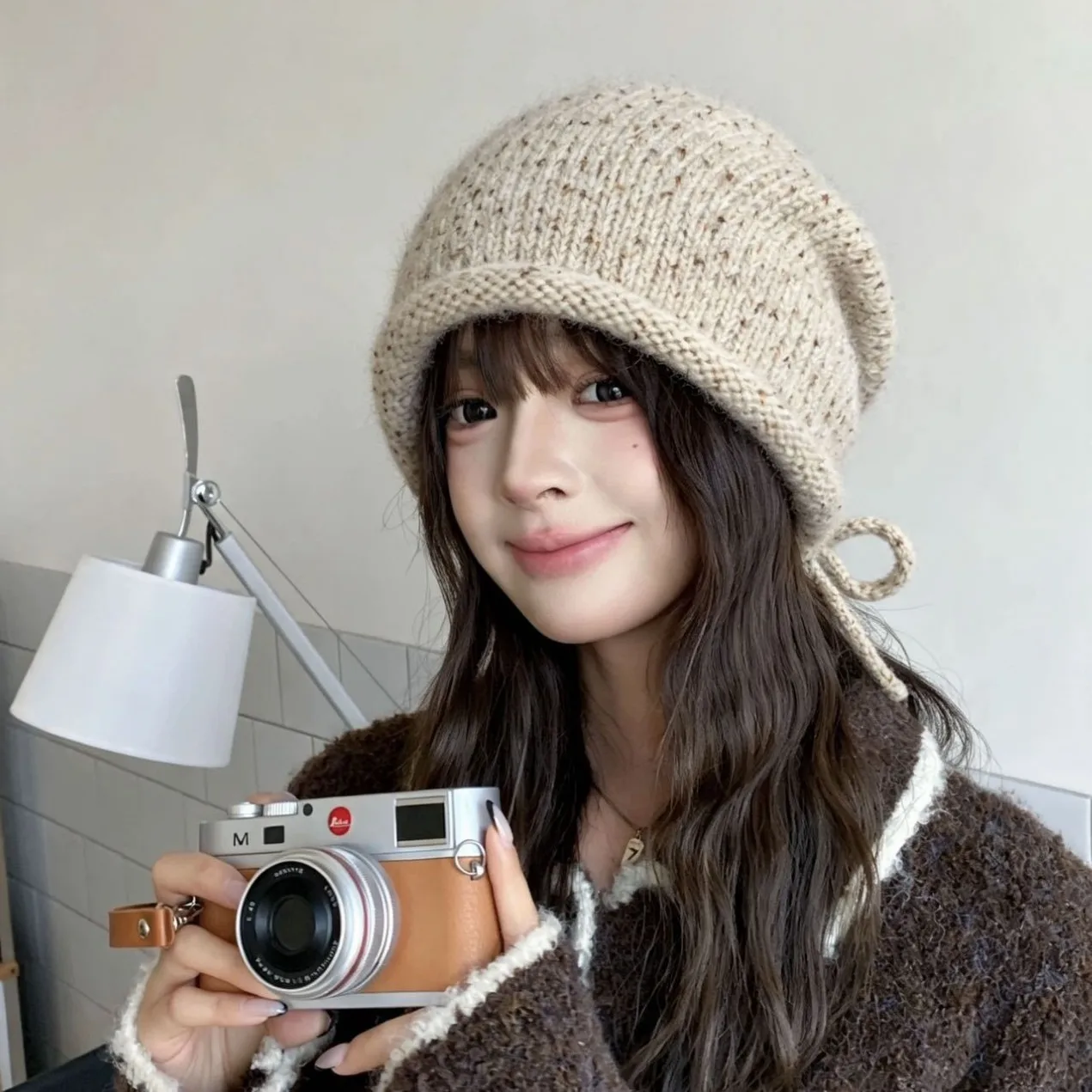 Women Winter Beanie Chunky Knit Hat Warm Slouchy Fisherman Cap with Tie Rolled Brim Soft Fleece Lined Cute Oversized Hat