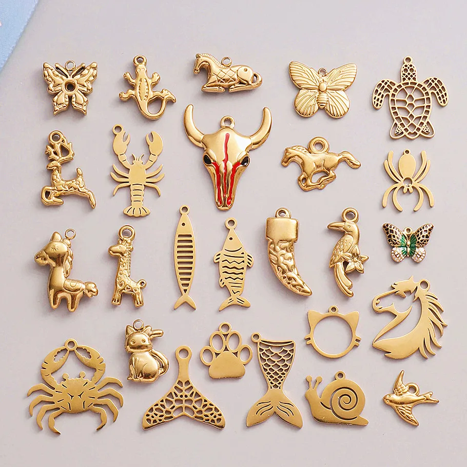 6 Stück modische Tieranhänger, Meeresschildkröten-Schwanz, Pferd, Edelstahl, Hummer, Vogel-Charms für die Schmuckherstellung, handgefertigte Schlüsselanhänger im Großhandel – Detail 1