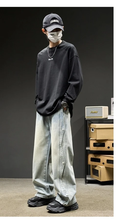 Spring and Autumn New Blue Loose Wide-Leg Straight Pants American High Street Black Patchwork Workwear High-Waist Denim Pants