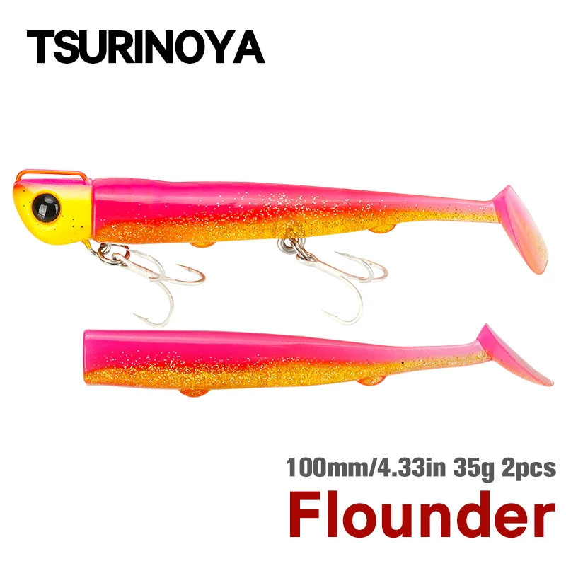 TSURINOYA 110mm 35g Long Casting Jig Head T Tail Soft Lure Set 2pcs Tail Flounder Seabass Fishing Lure Sinking Large Baits