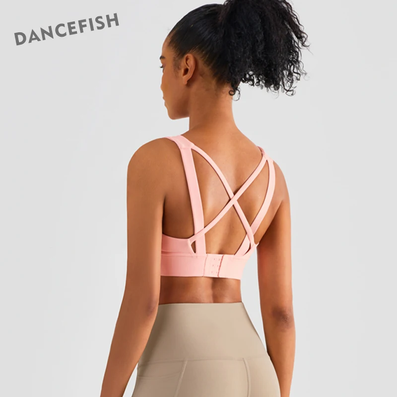 DANCEFISH Women Back Buckle Design Sport Top Fixation Cups Medium Intensity Training Fitness Running Yoga Bras