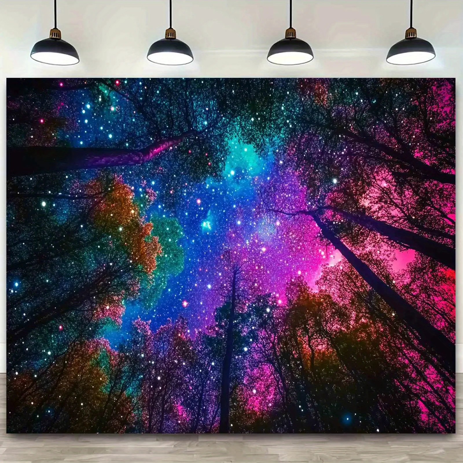 1pc Galaxy Forest Night Scene Tapestry - UV Blacklight Reactive, Vibrant Starry Sky & Tree Design, Perfect for Bedroom, Living