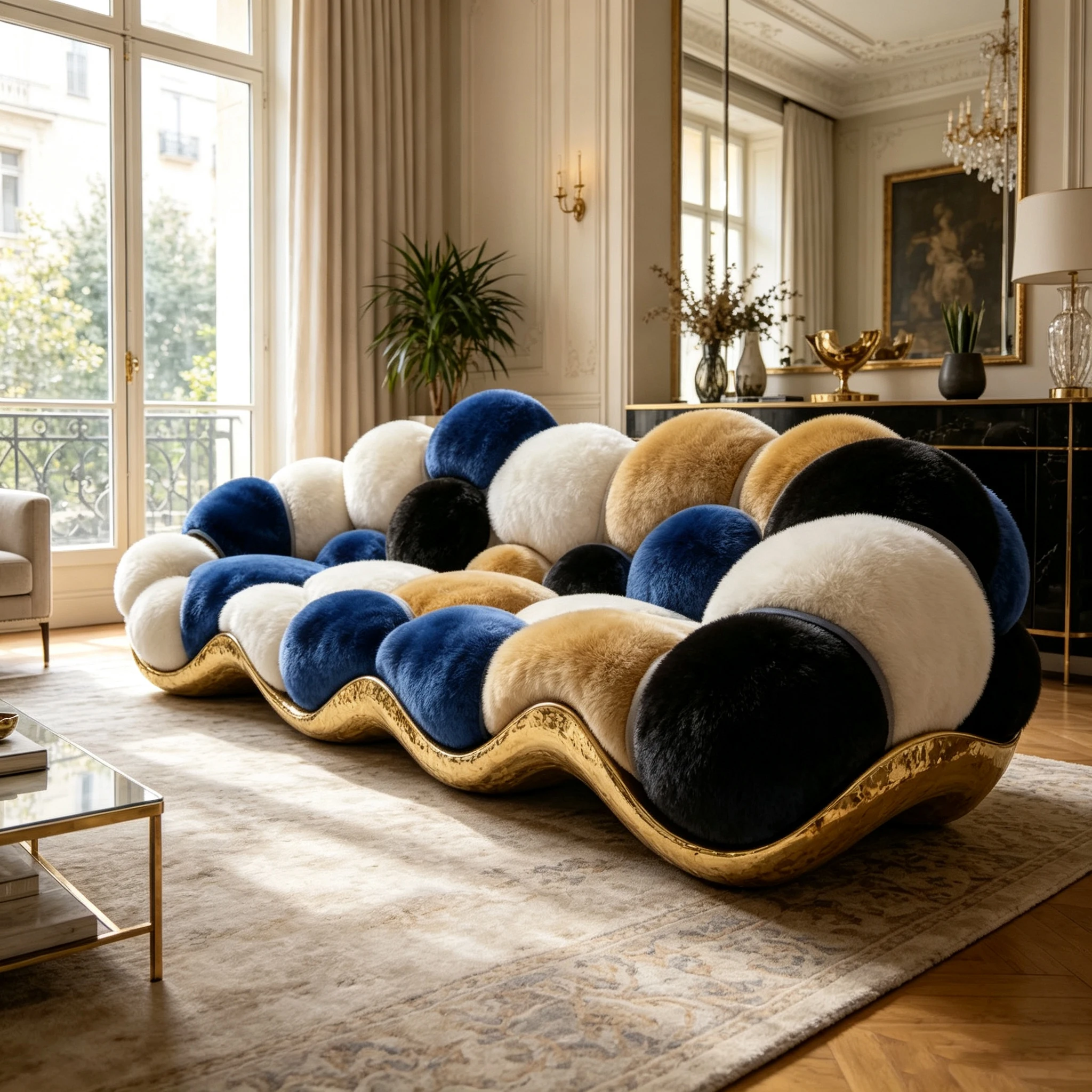Z*-Multi-Color Ball Shaped Plush Sofa Glossy Gold Fiberglass Curved Frame for Artistic Luxury Living Space^