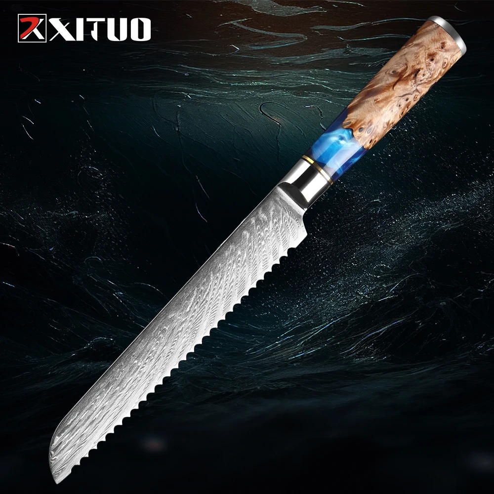 Damascus Steel Bread Knife 67-Layer Japanese VG10 Steel Unique Blue Resin & Natural Wood Handle Beautiful Damascus Wave Pattern