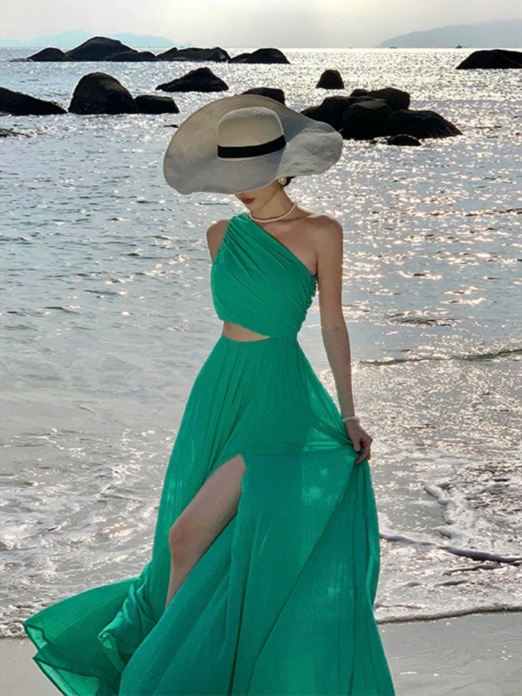 Green Elegant One Shoulder Slim Party Evening Long Dress Women Sexy Club Off Shoulder Summer Fashion High Waist Split Dress Chic