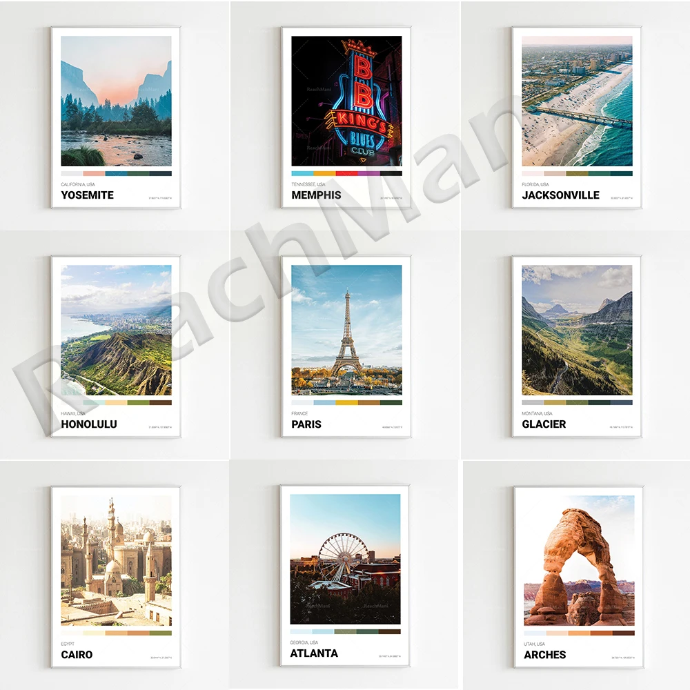 يوتا، ممفيس، تينيسي، فلوريدا، هونولولو، أواهو، طوكيو، يوسمايت، فرنسا، كايرو مصر، وايومينغ، ديترويت ميشيغان ملصق السفر