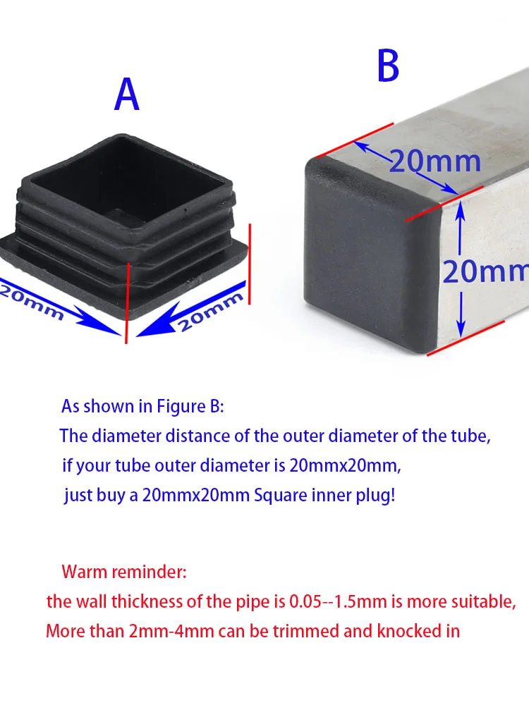 Black Square Pipe Tube Cap Plastic Tubing End Cap Glide Insert Blanking End Plug 10/15/20/25/30/38/40/45/50/60/80/100mm