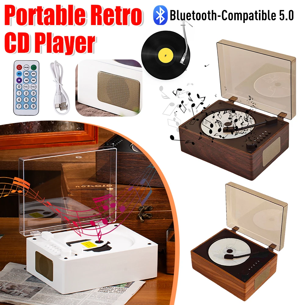 

Перезаряжаемый ретро CD-плеер Bluetooth 5.0, беспроводной динамик с CD USB 3,5 мм AUX, портативный домашний настольный музыкальный плеер для телефона ﻿