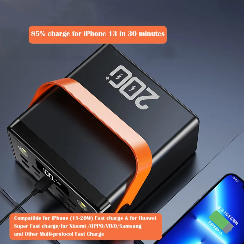 Bateria Externa Portátil, Power Bank Station, Portas USB Tipo C, PD 22.5W, Carregamento Rápido, Powerbank para iPhone, Xiaomi, 200000mAh