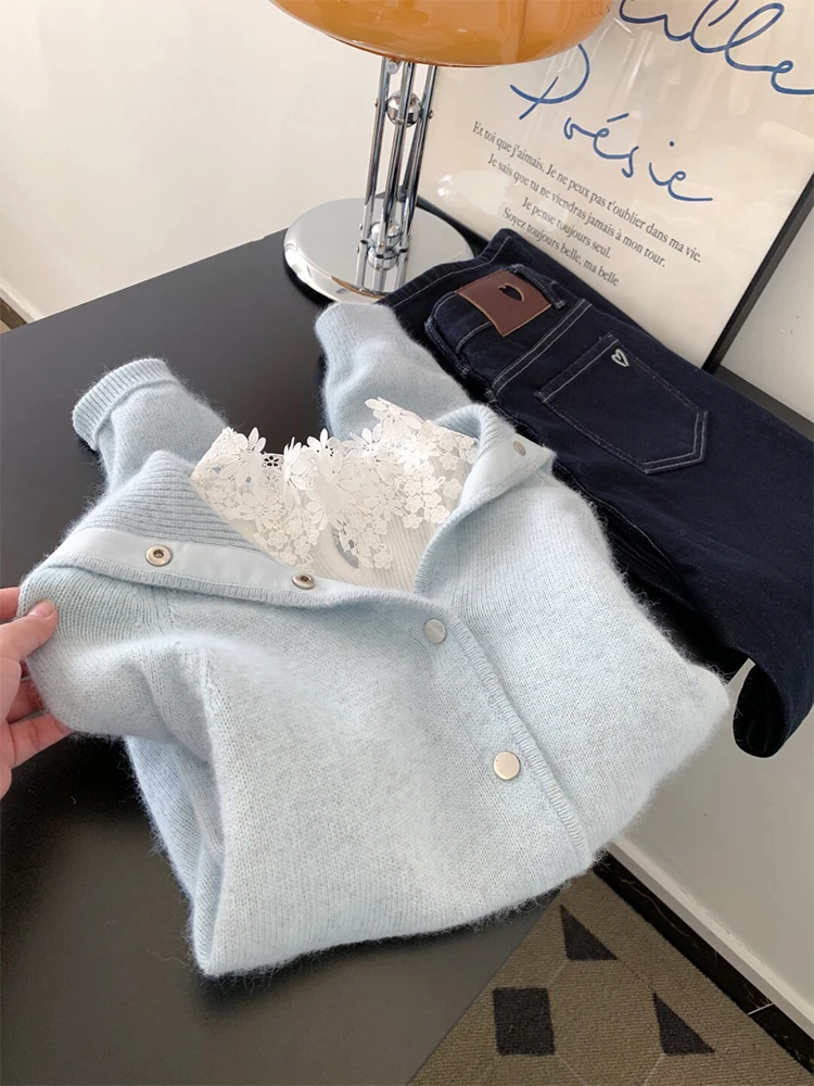

Blue Knitted Sweater Set with Lace Base Layer Winter New Arrival Comfortable Korean Style High Waist Casual Long Sleeve round...