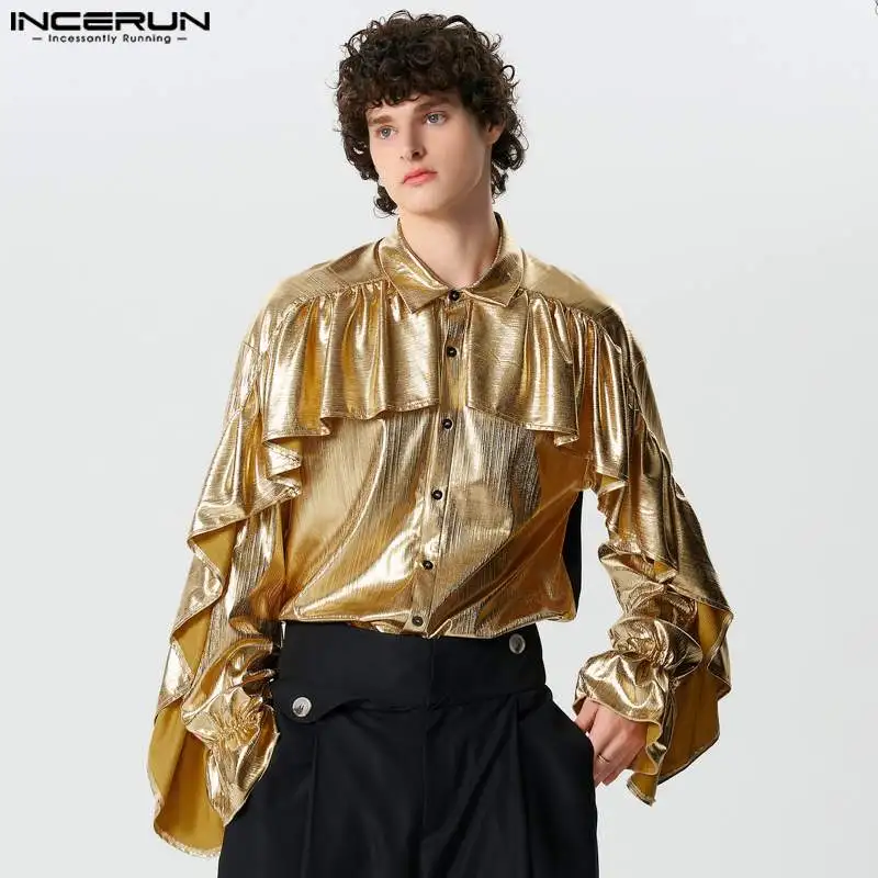 INCERUN Tops 2024 American Style Fashion Men\'s Ruffled Edge Flash Fabric Design Shirts Casual Clubwear Long Sleeved Blouse S-5XL