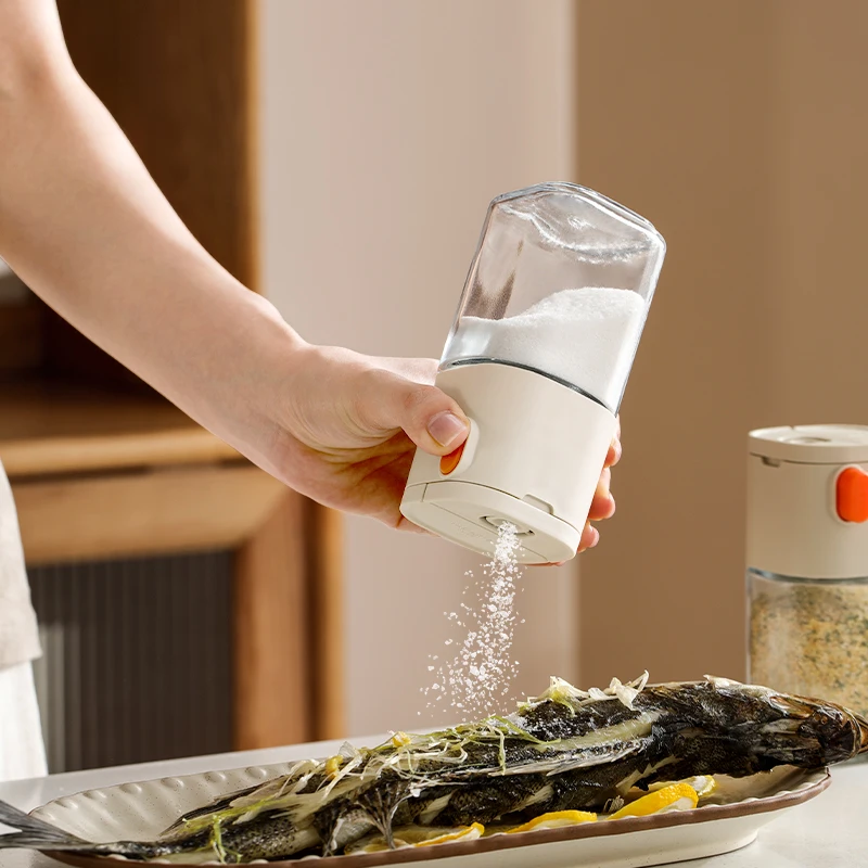 

Quantitative Salt Shaker Double Opening Measuring Seasoning Jar Press Type for Kitchen Salt and Spice Dispensing