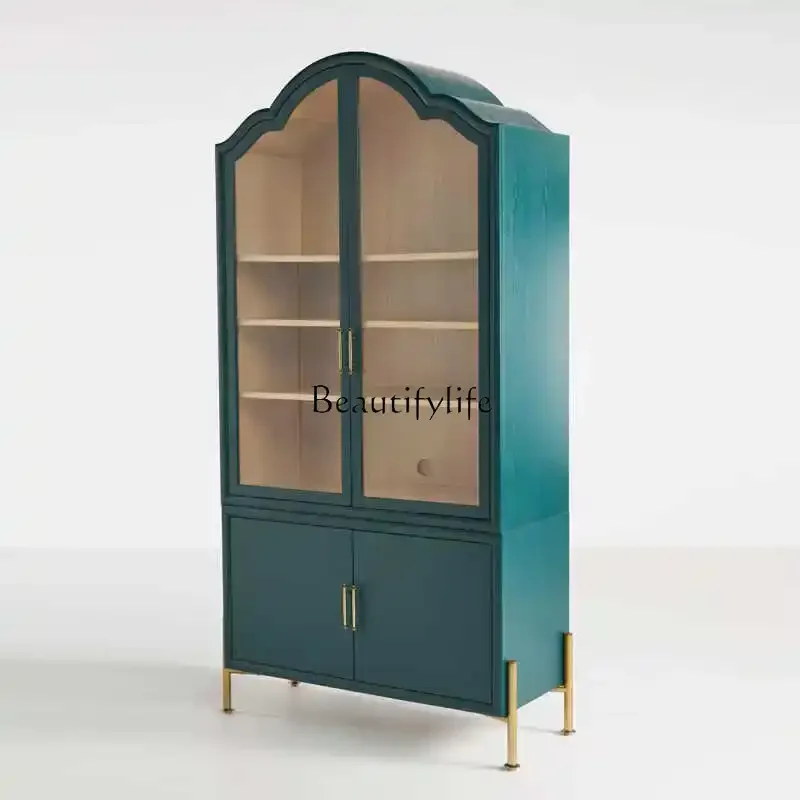 

1Solid Wood French Retro Wine Cabinet Double Door Glass Sideboard Living Room Storage Display Sideboard