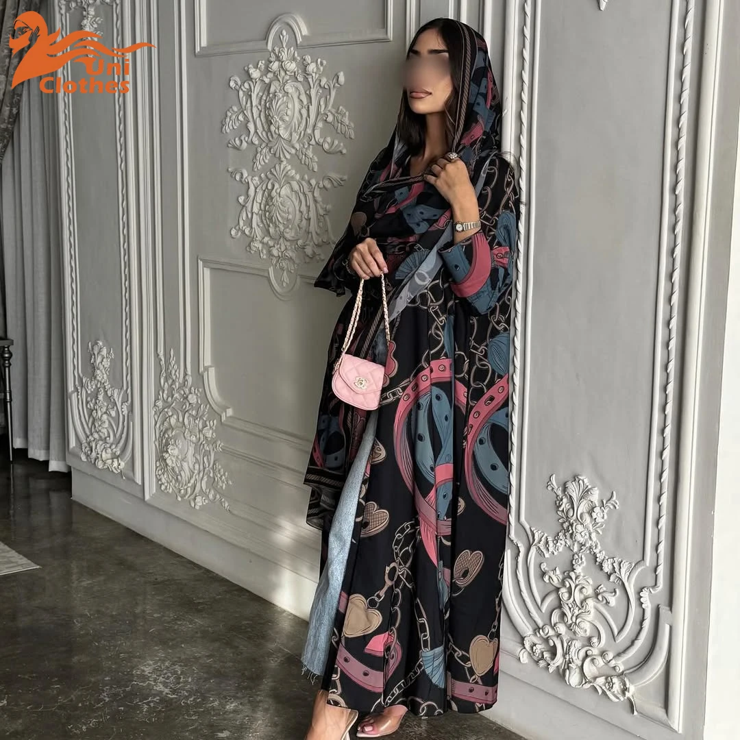 

UNI 2025 Открытая Абая с принтом и платком, комплект Ближнего Востока, Дубай, кардиган, халат с цепочкой и принтом, модный мусульманский женский халат