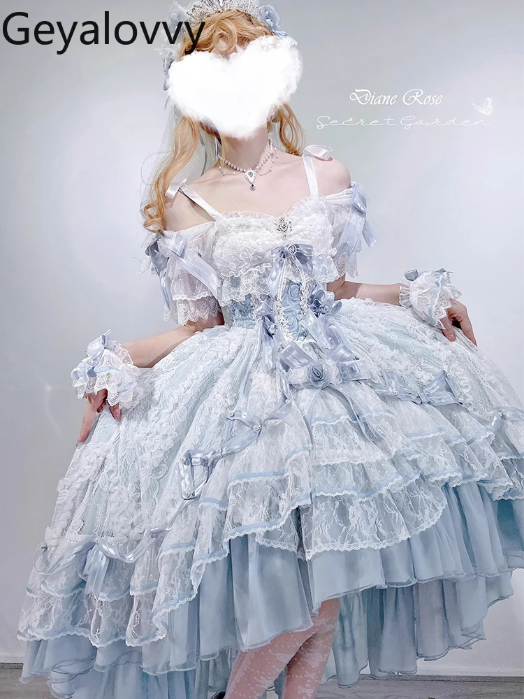 فستان سهرة لوليتا ياباني بعقدة ذهبية لحفلات الزفاف بخصر عالٍ وأكمام قصيرة لحفلات أعياد الميلاد فستان أداء الأميرة الحلوة #6