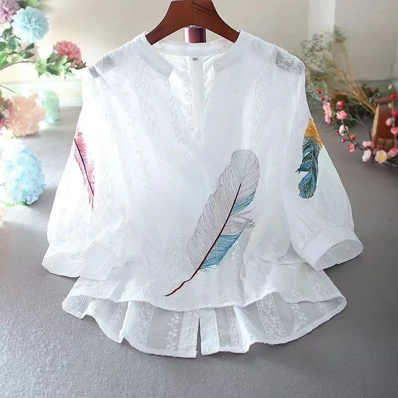 Bohemian White Cotton Lace Blouses Women Ethnic V-neck Feather Embroidery Shirt Temperament Female Thin Shirt