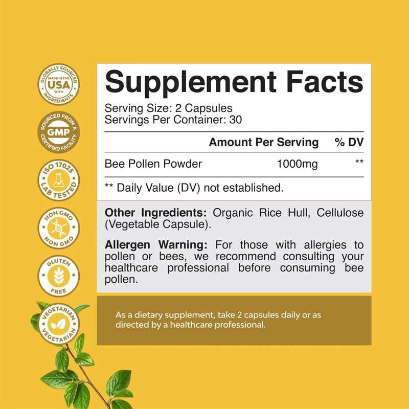 Supplément de pollen d'abeille, capsules de pollen d'abeille pur, contient des vitamines B naturelles, des minéraux, des enzymes, 1000 milligrammes