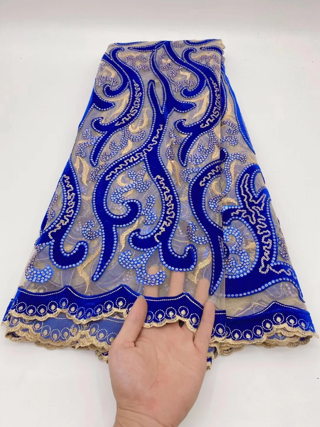 Royal Blue Velvet Lace Embroidery Sequins African Lace Fabric 2022 High Quality French Nigerian Mesh Lace Fabric For Wedding