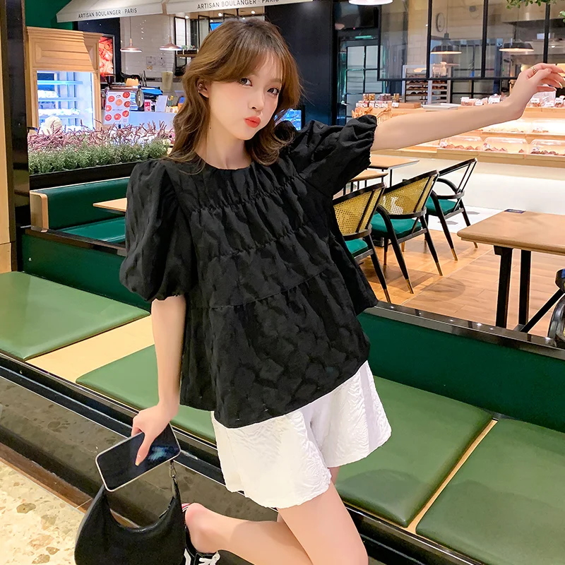 2024 Summer Maternity Tops Short Sleeve O-neck Pregnant Woman Pleated Shirts Fashion Pregnancy Sweet Blouses Blouses Black Beige