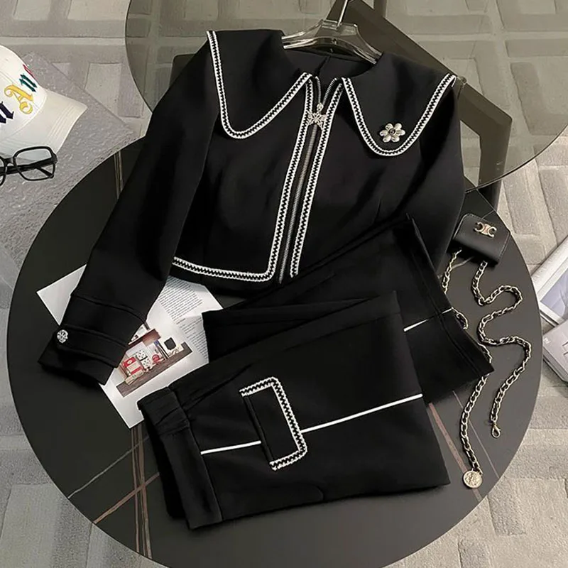 2024 Wiosna i jesień Nowy czarny modny zestaw damski Kardigan Kurtka Spodnie z szerokimi nogawkami Dwuczęściowy zestaw ubrań dla kobiet Zestawy spodni