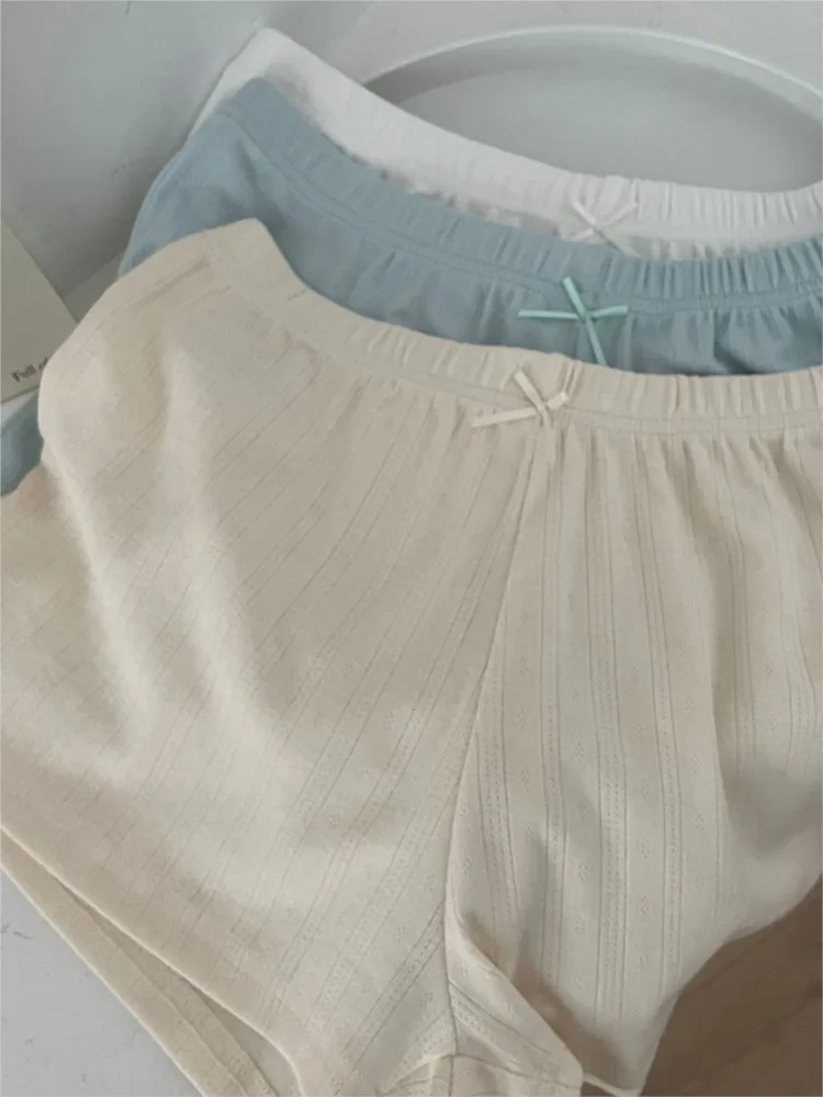 Słodkie Szorty Dresowe z Oczkami, Prosta Kokarda, Damskie Letnie Nowe Elastyczne Spodenki Bawełniane, Codzienne Gładkie Podstawowe Szorty Domowe Piżamowe Y2K