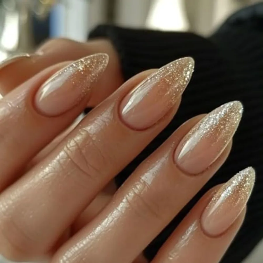 

Nude Acrylic Press on Nails Almond Medium Acrylic Nails Press Ons Almond Full Cover Glue on Fake Nail with Gold Glitter Designs
