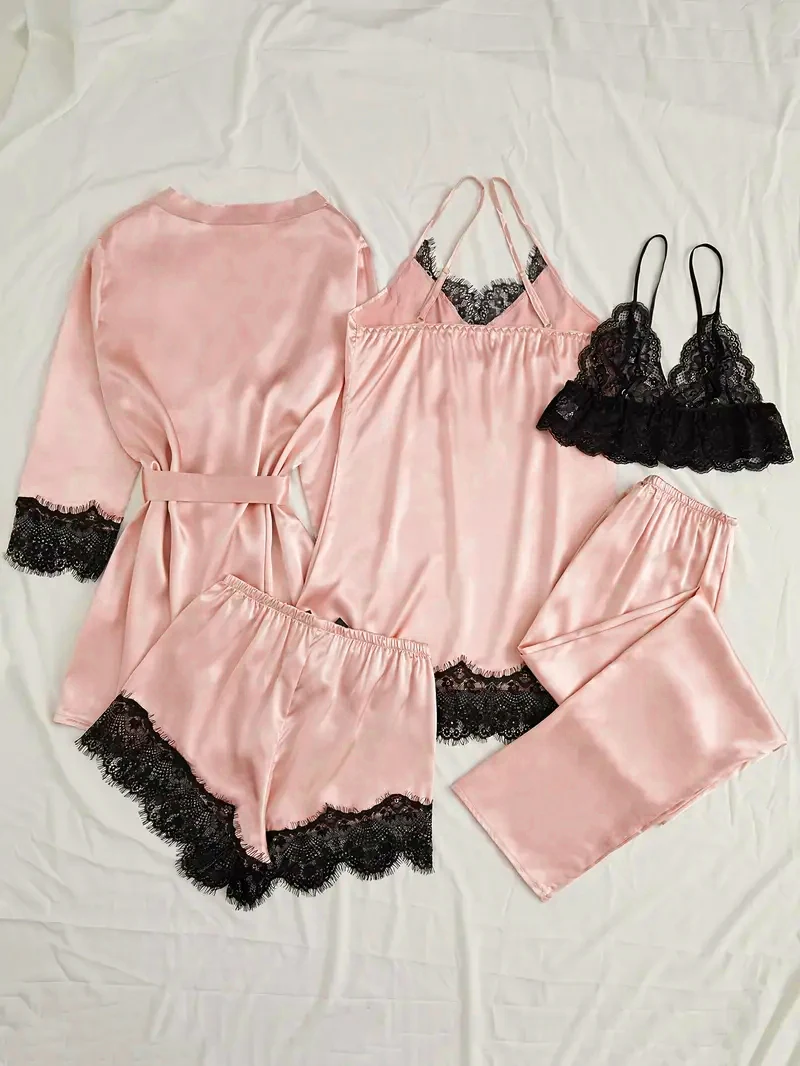 Damen Satin Nachtwäsche Pyjama Set Rosa Sexy Dessous Bademantel Spitze Patchwork Seide Nachtkleid Hose Home Bekleidet Nachtwäsche – Detail 3