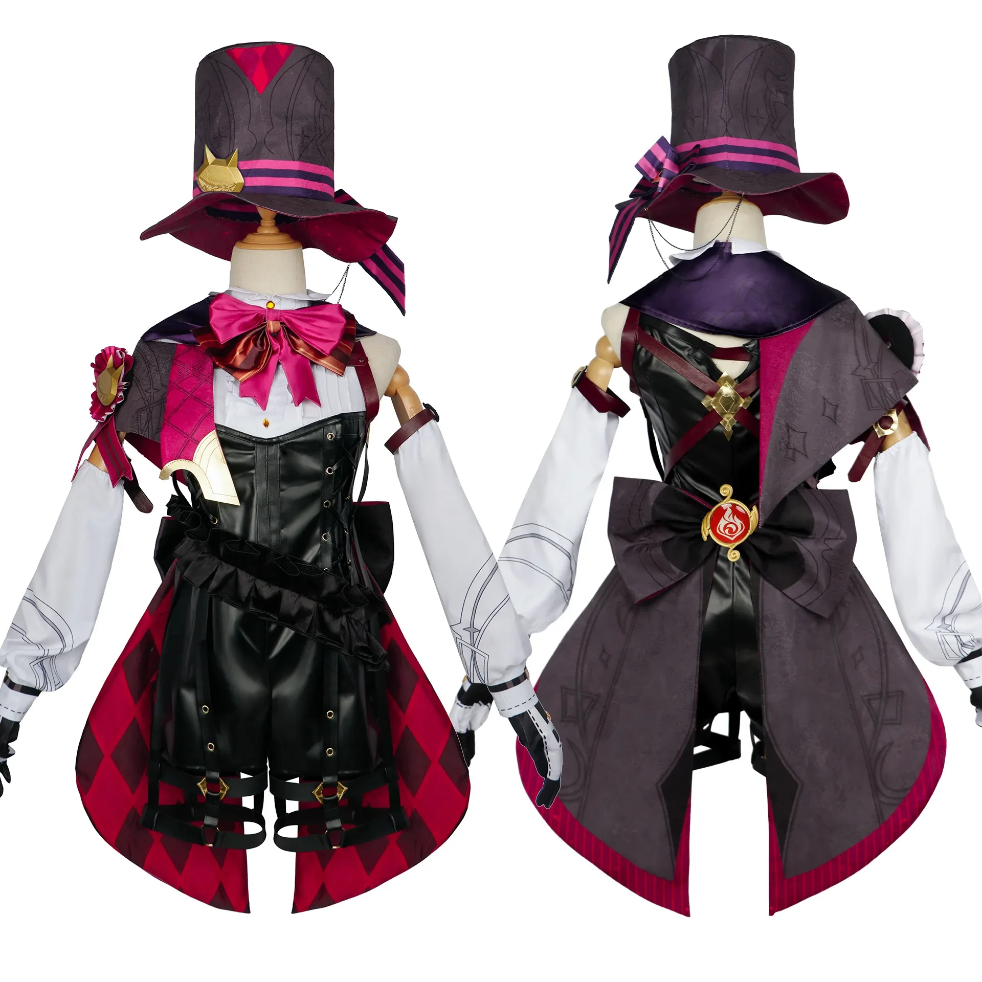 Anime Genshin Impact Lyney Cosplay Fontaine Costume Wig Hat Set  magician Leather Uniform Dress Short Hair Skirt Glove Outfit