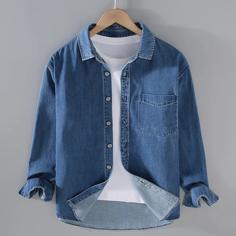 

#7639 Blue Long Sleeve Shirt Men Spring Autumn Cargo Denim Shirt Male Outwear Shirt Man Loose Pockets Korean Fashion