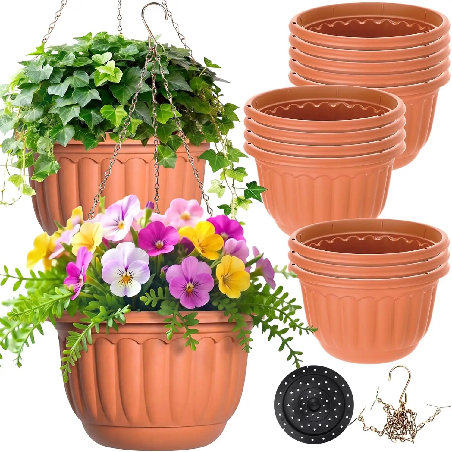 12 Sets Hanging Planters (12") Plastic, Terracotta with Self Watering, Drainage for Indoor, Outdoor Plants