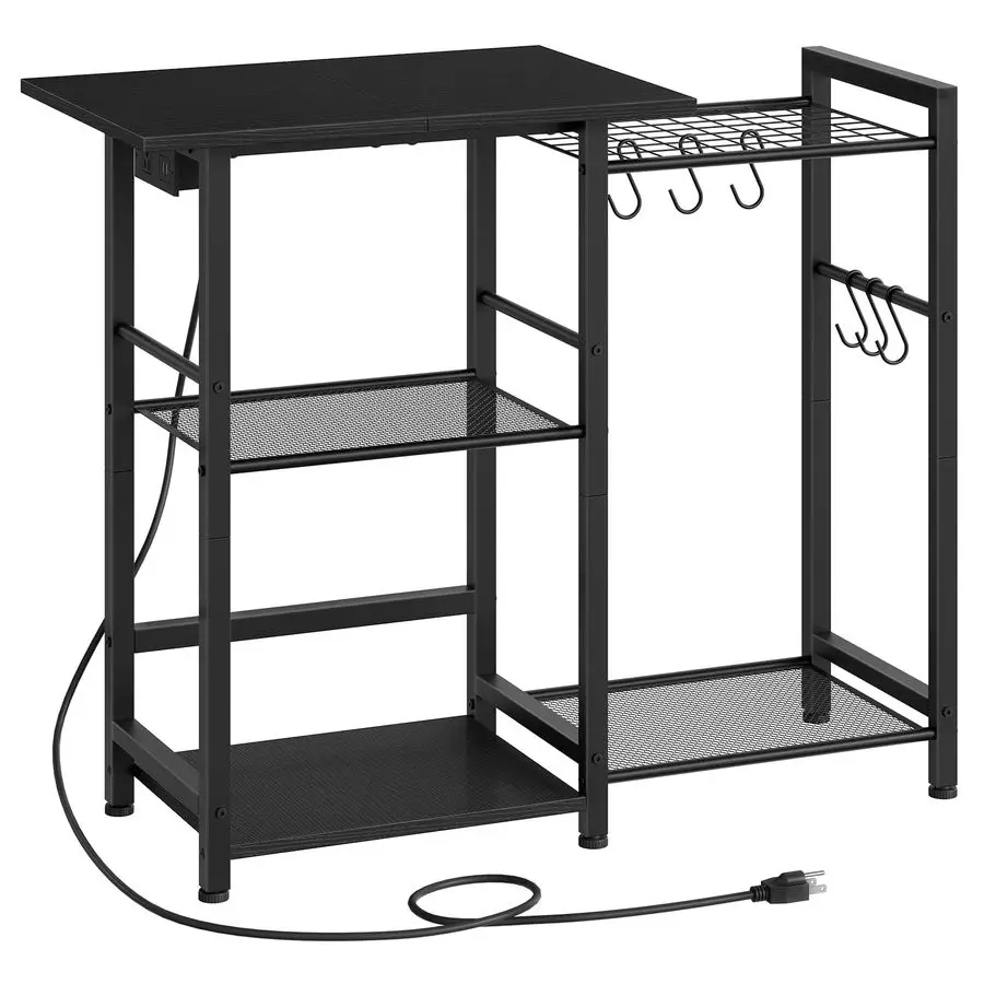 

Bakers Rack with Power Outlet, Microwave Stand with Pots Rack, Kitchen Stand, Coffee Bar Table with 6 S Hooks, Kitchen Utility S