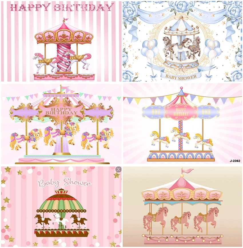 Carousel Pink Girls Happy Birthday Party Decor Baby Shower Child Portrait Backgrounds Photographic Banner Backdrops Photobooth