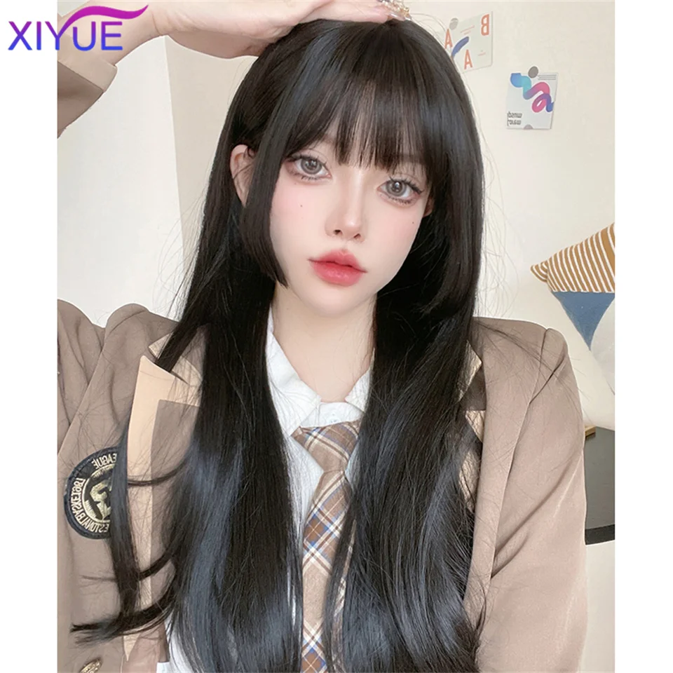 XIYUE Princess Cut Bangs długie proste peruki syntetyczne dla kobiet peruki z naturalnymi falami z grzywką żaroodporne włosy Cosplay