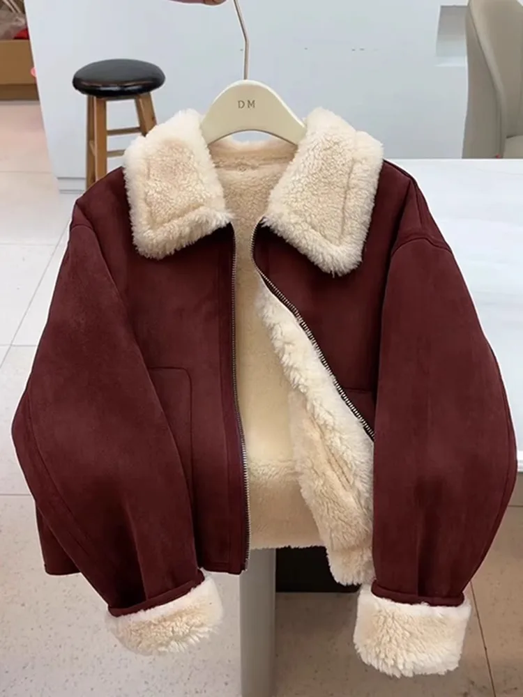 

Куртка Ankela из красной кожи с меховой подкладкой из овечьего бархата, женская зимняя теплая одежда больших размеров, хлопковая одежда для Нового года, плащ-накидка