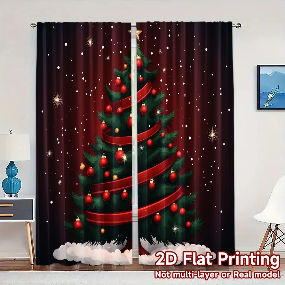 2pcs,Curtains Christmas Tree Snowflakes Ribbons (3) Fashionable Popular Curtains 100% Polyester Curtains Versatile All