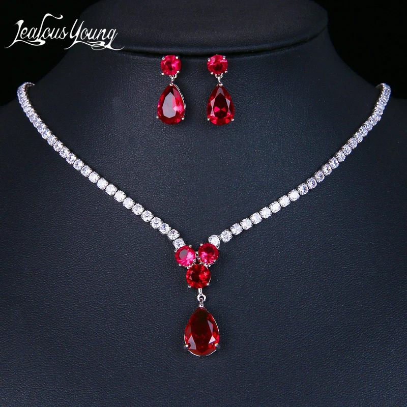 Indian New Fashion Red Zirconia Long Necklace Jewelry Sets Luxury Round Zircon Wedding Jewelry Set for Women Gift Set