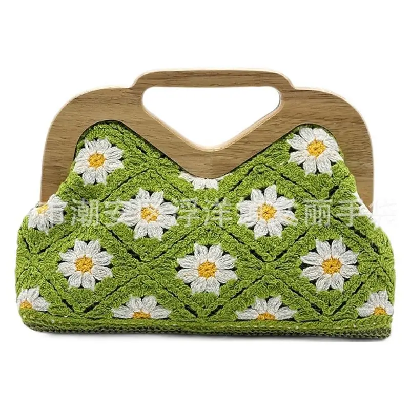 Fashionable Handmade Crochet Knitted Hand-held Straw Woven Bag Luxury and Designer Beach Bag Solid Wood Handle Dinner Bags