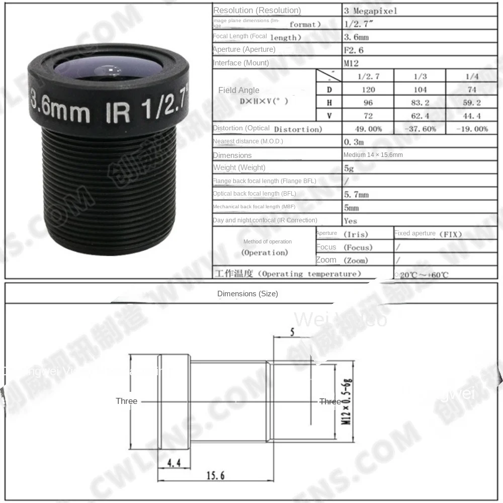 95 ° 광각 카메라 고정 렌즈, 3.6mm 3MP-1/2.7 보드 렌즈, 보안 고정 초점 렌즈 F2 M12