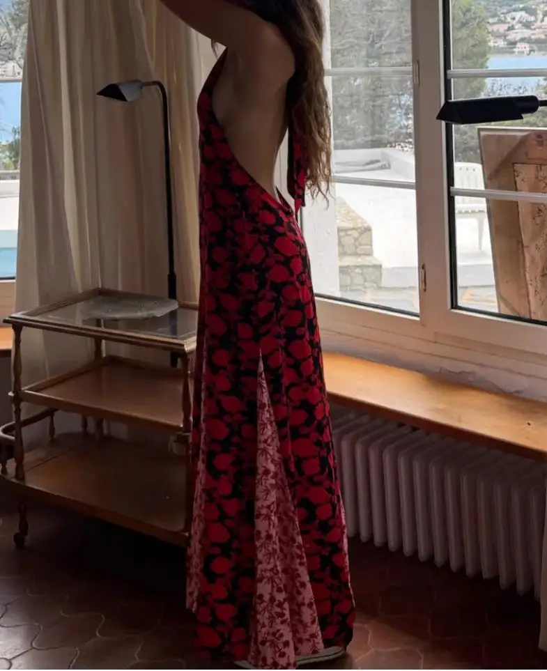 ใหม่VINTAGE Modern Polka Dot HalterชุดสตรีSuspender Backless Slim Dress 2025 ฤดูร้อนแฟชั่นวันหยุดเดทLady Dress