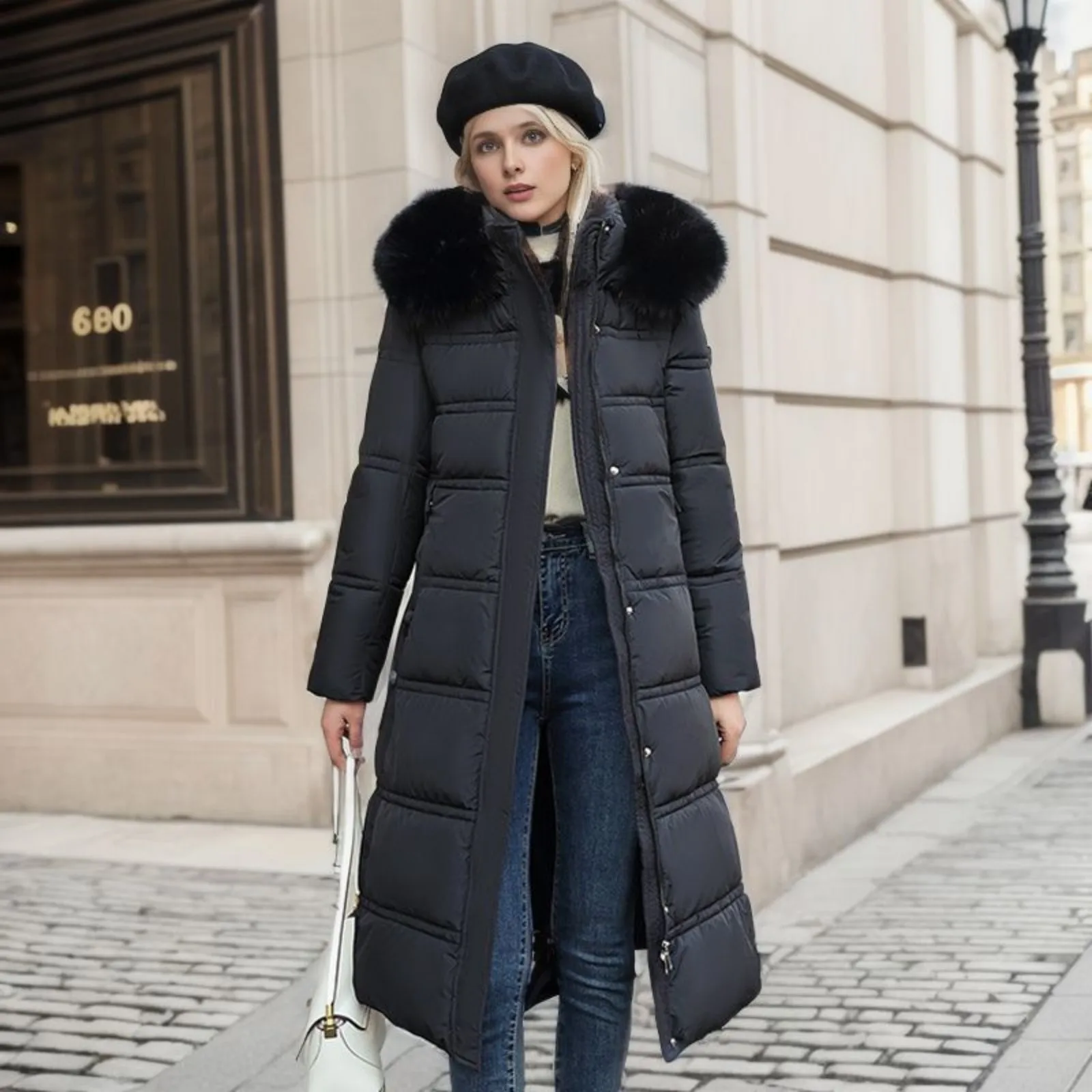 2024 New Winter Thicken Coat Big Fur Collar Extended Cotton Jacket Women's Long Style Knee High Waistband Jacket Parka