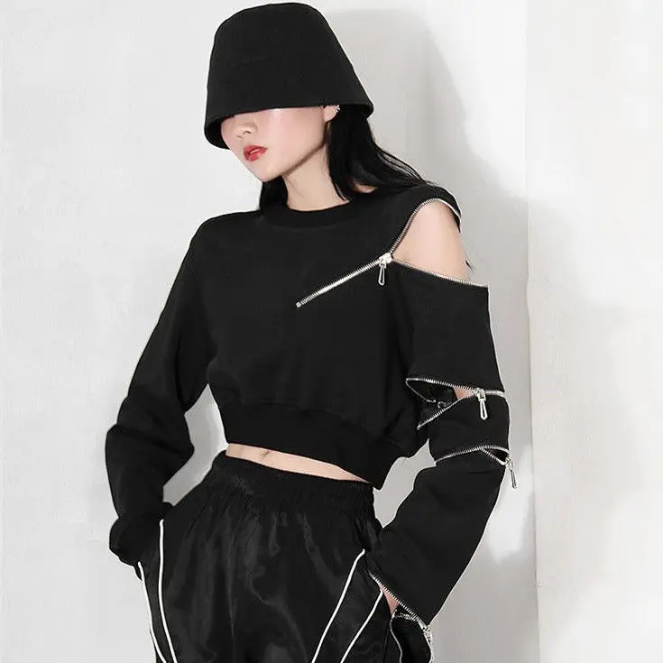 2022 Autumn Hoody Loose Streetwear Chiffon Asymmetrical Pullovers Full Solid O-Neck Girls Hoody Street Style Euro-America Style