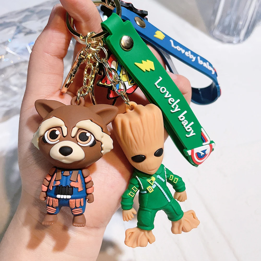 Marvel Movie Guardians of the Galaxy Pendant Keychain Cute Groot Rocket Raccoon Silicone Keyring for Women Bag Accessories Gifts