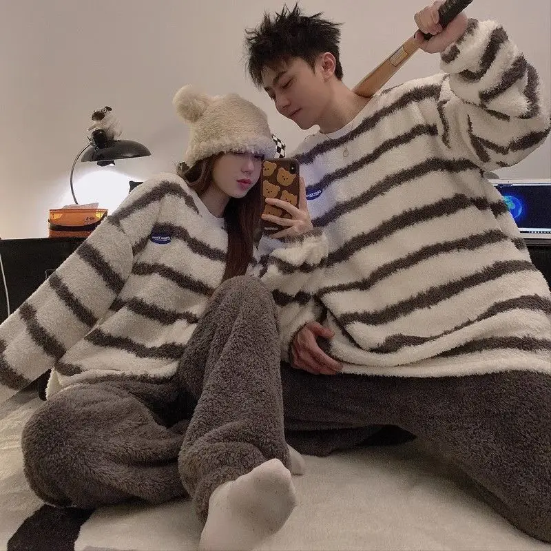 Coral Fleece Couple Pajamas for Women in Winter Thick and Warm Simple Striped Korean Version Flannel Home Clothes 2 Piece Sets