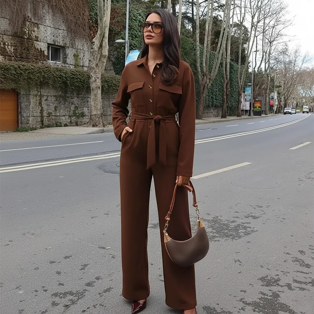 

Autumn Winter Casual Fitting Round Neck Jumpsuit Women's Bottom Wear Comfortable Loose Style Fashionable Casual Outfit