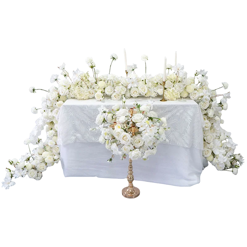 Decoración de boda de mesa larga blanca, arreglo floral, banquete de boda europeo, escritorio Phalaenopsis